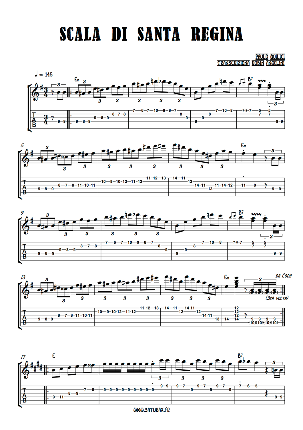 transcription guitare tablature scala di santa regina
