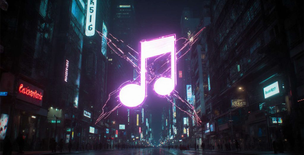 ia musique ethique, logo de musique barré dans une ambiance cyberpunk